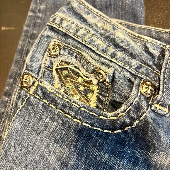 Miss Me Jeans 28 Skinny Blue Denim Crystal Rhinestone Bling Pocket Style - Picture 3 of 8